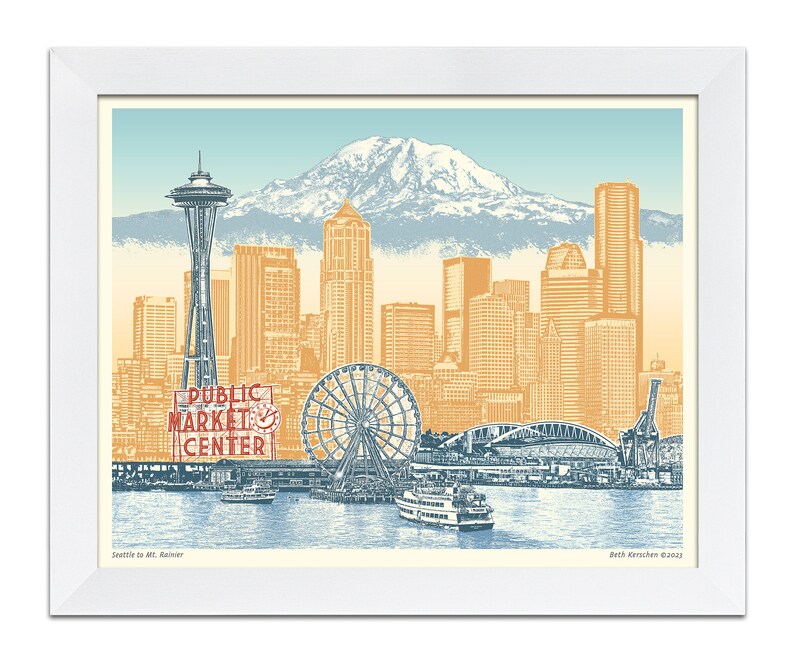 May include: A vintage-style illustration of the Seattle skyline, featuring the Space Needle, the Ferris wheel, and Mount Rainier in the background. The text "Public Market Center" is visible in red on a sign.