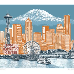 May include: A colourful illustration of the Seattle skyline with Mount Rainier in the background. The skyline includes the Space Needle, the Ferris wheel, and the Public Market Center sign. The illustration is in a vintage style with a blue and orange colour scheme.