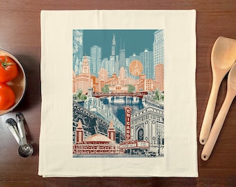 Asciugamano da cucina con paesaggio urbano di Chicago – Skyline illustrato dell'Illinois