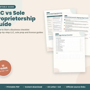May include: A printable business guide featuring an LLC vs Sole Proprietorship comparison, a step-by-step LLC formation guide, and a one-page startup checklist. The document set includes 13 pages available in US Letter and A4 sizes.