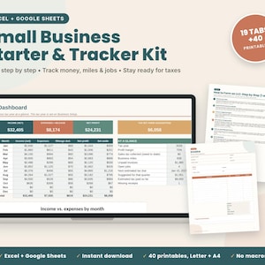 May include: A digital small business starter and tracker kit for Excel and Google Sheets. The screen displays a financial dashboard with income, expenses, and tax data. Two printed documents show an LLC formation guide and an invoice template.