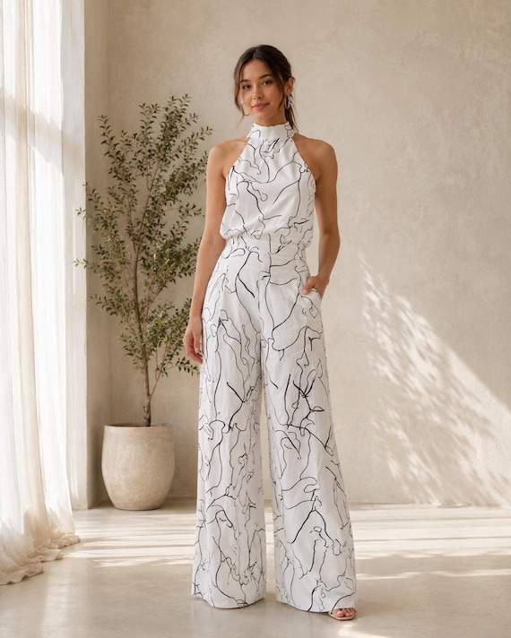 halter jumpsuit dress White for Women, Wide Leg Summer Jumpsuit, Elegant Vacation Outfit, Back Tie Palazzo Romper Sale Exclusives Mommy & Me