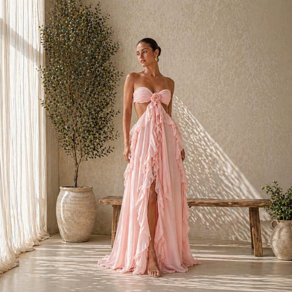 Backless Lace up Maxi Dress, Flowy Beach Vacation Dress, Elegant Ruffle Resort Outfit, Summer Party Dress for Women