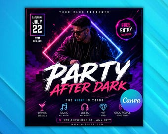 Neon Night Club Flyer Template | Party After Dark Event Invitation | Editable Canva DJ Promotion Flyer | Instant Download