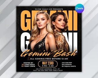Gemini Zodiac Birthday Flyer Template | Birthday Celebration Invitation | Canva Editable Party Event Design | Digital Download