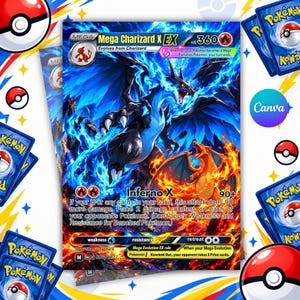 May include: A Mega Charizard X EX trading card featuring a black dragon with blue flames, a smaller orange Charizard, and the text Inferno X 90+. The card displays 360 HP, fire energy symbols, and detailed game rules printed in white text.