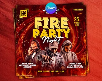 DJ Club Event Flyer Template | Fire Party Night Flyer | Urban Music Promotion Design | Editable Canva Nightclub Poster | Instant Download
