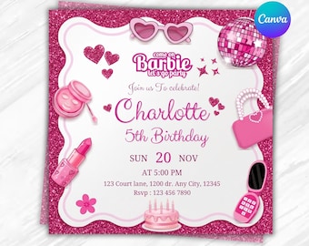 Pink Glam Birthday Invitation Template | Editable Canva Party Invite | Fashion Doll Theme Birthday Invitation | Digital Download