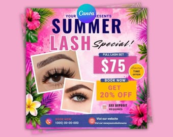Summer Lash Promotion Flyer | Lash Technician Booking Template | Editable Canva Beauty Salon Advertisement | Instant Download