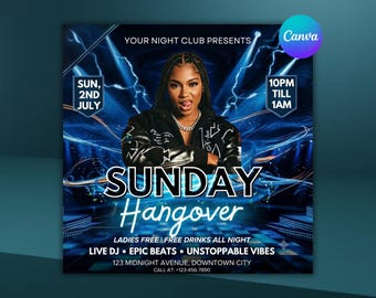 Sunday Party Flyer Template | DJ Nightclub Event Flyer | Editable Canva Club Promotion Design | Instant Download