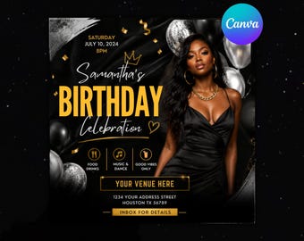 Luxury Black Gold Birthday Flyer | Editable Canva Birthday Party Invitation | Elegant Event Flyer Template | Instant Download