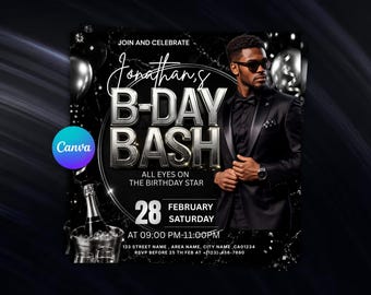 Luxury Men's Birthday Flyer Template | Black & Silver Birthday Bash Invitation | Editable Canva Party Flyer | Instant Download
