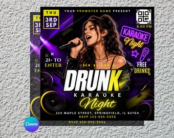 Karaoke Night Flyer Template | Bar Event Promotion Design | Editable Canva Party Flyer | Instant Download