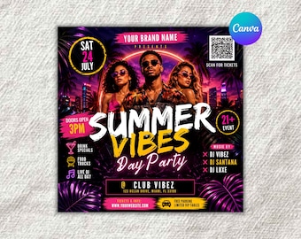 Summer Party Flyer Template | Tropical Beach Party Flyer | DJ Event Flyer Canva Template | Nightclub Promotion Poster | Digital Download