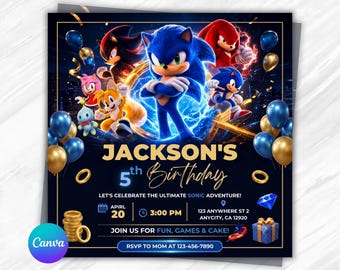Sonic Birthday Invitation Template | Editable Canva Party Invite | Sonic Theme Birthday Party Invitation | Kids Birthday Invite