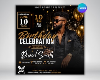 Black & Gold Birthday Flyer Template | Luxury Men's Celebration Invitation | Canva Editable Birthday Event Design | Digital Download