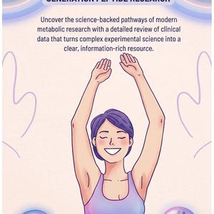 May include: Illustration of a smiling person with arms raised, set against a light purple background. Text at the top reads "THE RETATRUTIDE BREAKTHROUGH: A TECHNICAL REVIEW OF NEXT-GENERATION PEPTIDE RESEARCH". Additional text describes metabolic research.