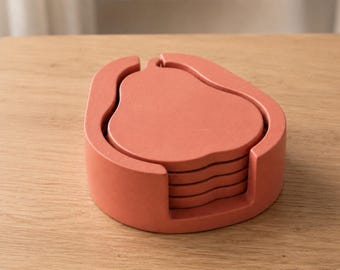 Pear Drink Coasters with Holder, Handmade Fruit Kitchen Decor and Hostess Gift