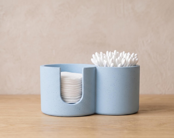 Cotton Pad Holder with Q Tip Compartment, Handmade Matte Stone Vanity Storage