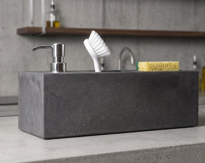 Handmade Concrete Kitchen Sink Caddy, Soap Dispenser, Sponge Holder, Dish Brush Organizer