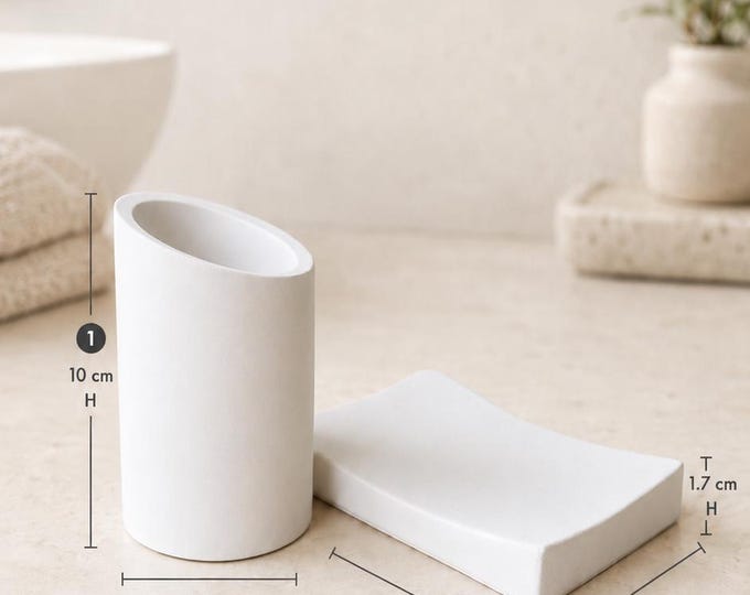 Matte Stone Toothbrush Holder and Soap Dish Set – Japandi Neutral Vanity Organizer