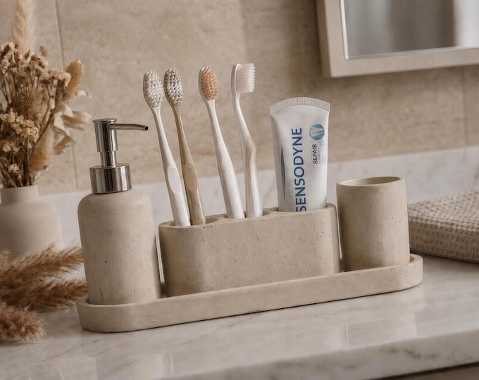 Handmade Custom Bathroom Set, Soap Dispenser, Toothbrush Holder, Vanity Tray, Tumbler, Color & Finish Options