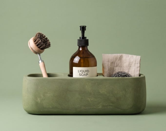 Handmade Marbled Jesmonite Sink Caddy, 3-Compartment Organizer, Soap Dispenser Holder