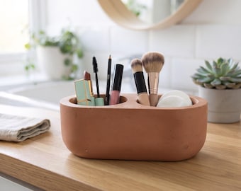Makeup Brush Holder, 16 cm Two-Compartment Jesmonite Vanity Organizer