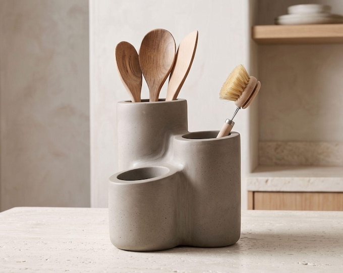 Utensil Holder, 3-Compartment Kitchen Crock in Concrete or Mineral Composite