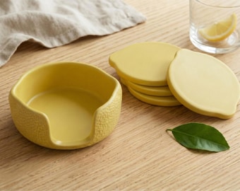 Lemon Coaster Set, Handmade Fruit Coasters with Holder, Matte Stone Citrus Kitchen Decor