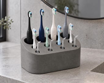 Electric Toothbrush Holder & Water Flosser Tip Stand, 12-Slot Bathroom Organizer, Handmade Cast Stone Caddy