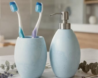 Soap Dispenser Set with Tumbler Matte Stone Bathroom Sink Decor Toothbrush Holder Handmade