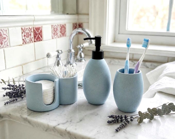 3 Piece Bathroom Set, Soap Dispenser, Toothbrush Holder and Cotton Pad Organizer, Matte Stone Vanity Decor