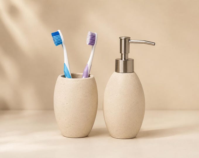 2 Piece Bathroom Sink Set, Soap Dispenser and Toothbrush Holder, Japandi Vanity Decor