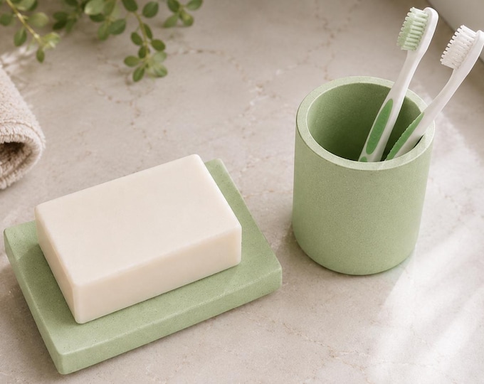 Matte Stone Toothbrush Holder and Soap Dish Set – Japandi Neutral Vanity Organizer