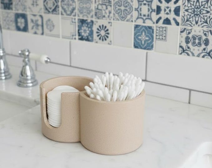 Q Tip and Cotton Pad Holder, Handmade Bathroom Vanity Organizer in Matte Stone