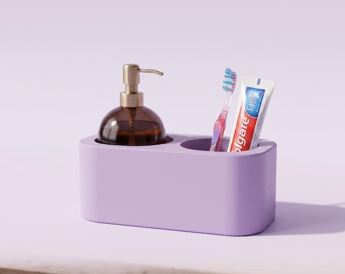 Bathroom Counter Organizer with Soap Dispenser, Toothbrush Holder, Handmade Stone Sink Caddy, Vanity Storage