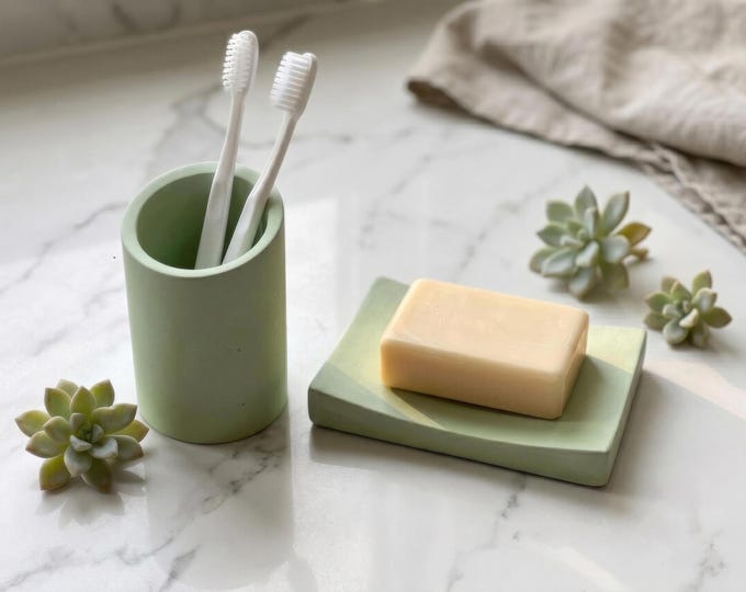 Matte Stone Toothbrush Holder and Soap Dish Set – Japandi Neutral Vanity Organizer