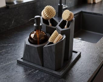 Dish Brush Holder with Soap Bottle Stand and Tray, 5-Piece Jesmonite or Concrete Set