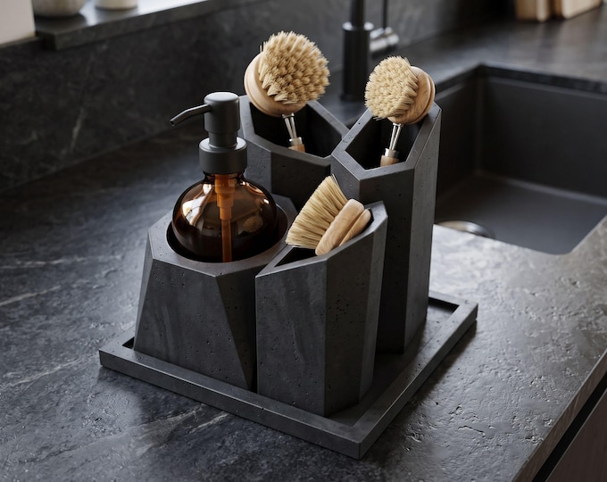 Dish Brush Holder with Soap Bottle Stand and Tray, 5-Piece Jesmonite or Concrete Set