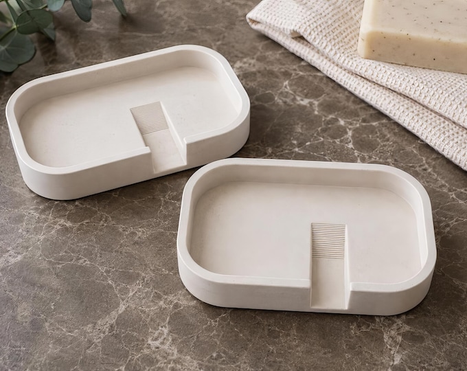Set of 2 Handmade Concrete Style Soap Dishes, Minimalist Matte Stone Tray Holder