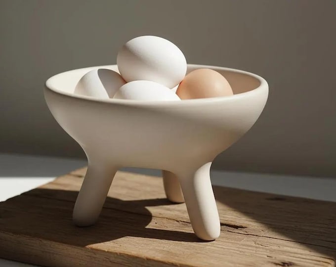 Modern Footed Egg Holder Bowl - Scandi Kitchen Storage Organizer - Contemporary Refrigerator Rack Countertop Decor