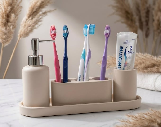 4-Piece Bathroom Accessory Set, Vanity Tray, Soap Dispenser, Toothbrush Holder, Tumbler