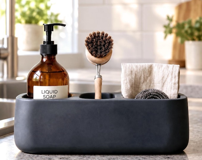 Dishwashing Tool Holder, 3 Section Cleaning Accessories Stand, Handmade Jesmonite Kitchen Storage