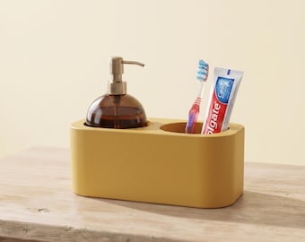 Bathroom Counter Organizer with Soap Dispenser, Toothbrush Holder, Handmade Stone Sink Caddy, Vanity Storage