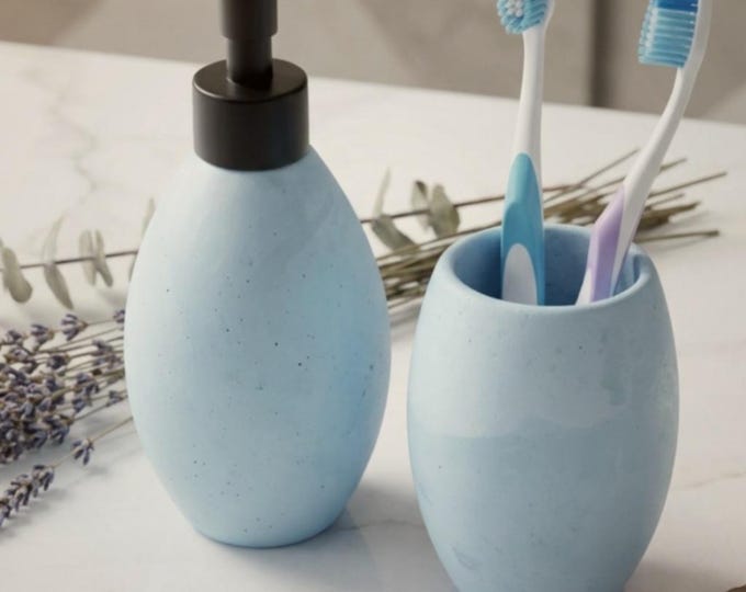 Soap Dispenser Set with Tumbler Matte Stone Bathroom Sink Decor Toothbrush Holder Handmade