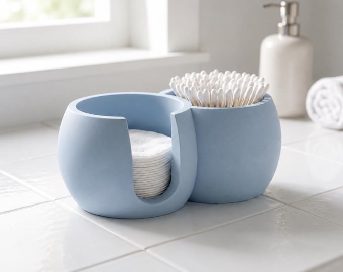 Dual Cotton Pad and Q Tip Organizer, Stone Bathroom Counter Storage for Skincare