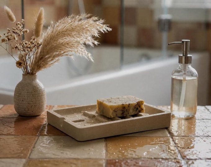 Self Draining Soap Dish for Shower, Handmade Stone Bar Soap Holder and Sink Tray