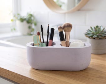 Makeup Brush Holder with Two Compartments, Cosmetic and Skincare Vanity Organizer