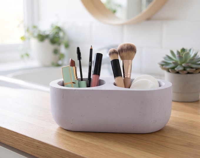Makeup Brush Holder with Two Compartments, Cosmetic and Skincare Vanity Organizer